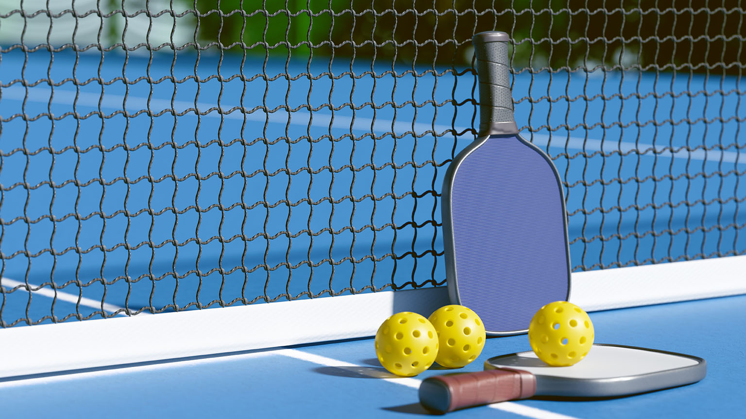 pickleball court with racket and balls